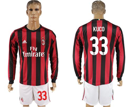 AC Milan #33 Kuco Home Long Sleeves Soccer Club Jersey - Click Image to Close